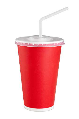 Red paper cup isolated on white background. Close up.