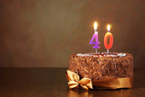 istock Birthday chocolate cake with burning candles as a number forty 490849984