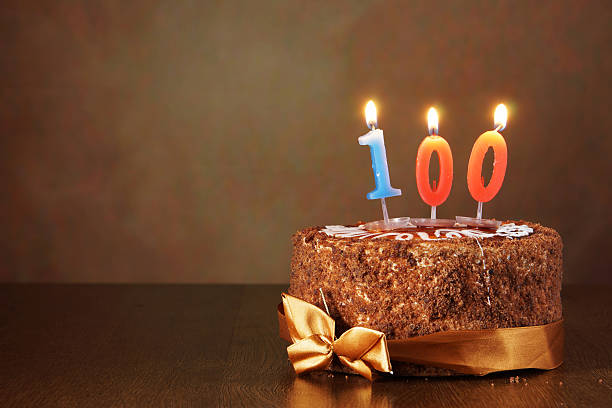 Birthday chocolate cake with burning candles as number one hundred