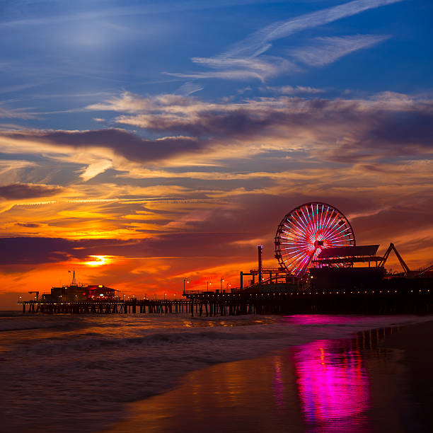 istock Santa Monica California sunset on Pier Ferrys wheel 490850731