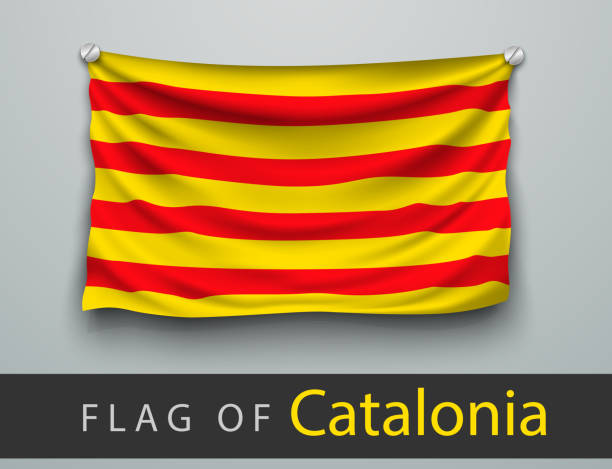 flag of catalonia battered, hung on the wall - girona stock illustrations