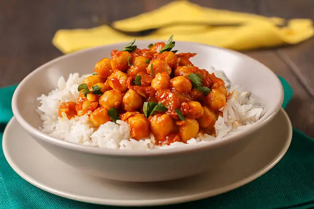 Homemade chickpea curry with basmati rice