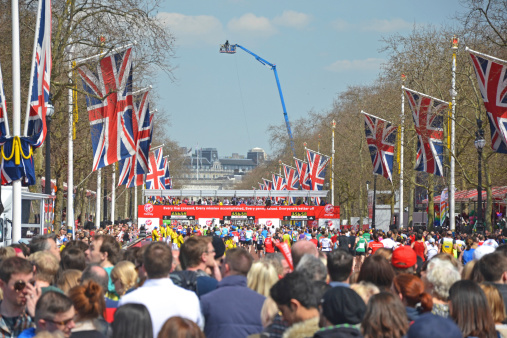 London, UK - April 21, 2013: View down the Mall to the finishing line of the London Marathon in London, UK on April 21, 2013. Run annually, the race is in the top five of international world marathons.