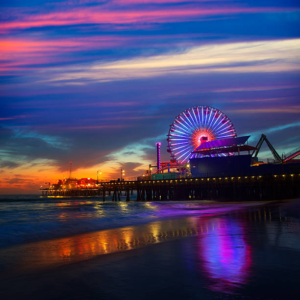 istock Santa Monica California sunset on Pier Ferrys wheel 490853835
