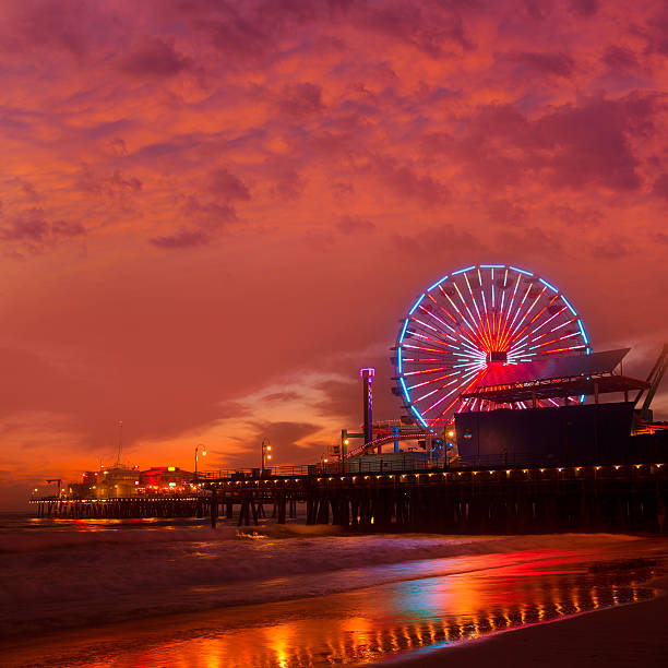 istock Santa Monica California sunset on Pier Ferrys wheel 490853841