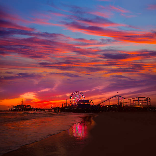 istock Santa Monica California sunset on Pier Ferrys wheel 490853847