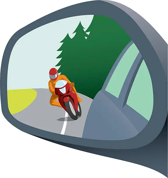 Vector illustration of Rear view mirror with motorcycle appearing trying to pass