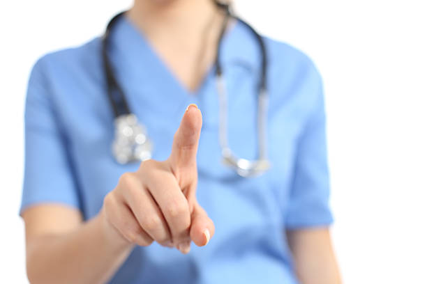 istock Nurse or doctor selecting something blank to the camera 490876924
