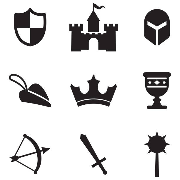 ilustraciones, imágenes clip art, dibujos animados e iconos de stock de iconos de medieval - medieval knight helmet suit of armor