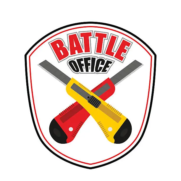 Vector illustration of Office battle emblem. Two crossed stationery knife. Logo for cor