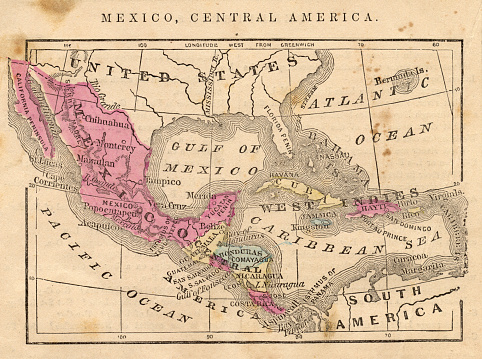 Color stock photo of an antique map of Mexico and Central America, salvaged from an 1867 school geography book.