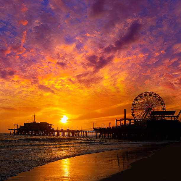 istock Santa Monica California sunset on Pier Ferrys wheel 490879181