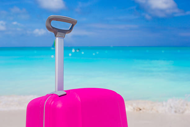 istock Close up suitcase against the turquoise ocean and blue sky 490879933