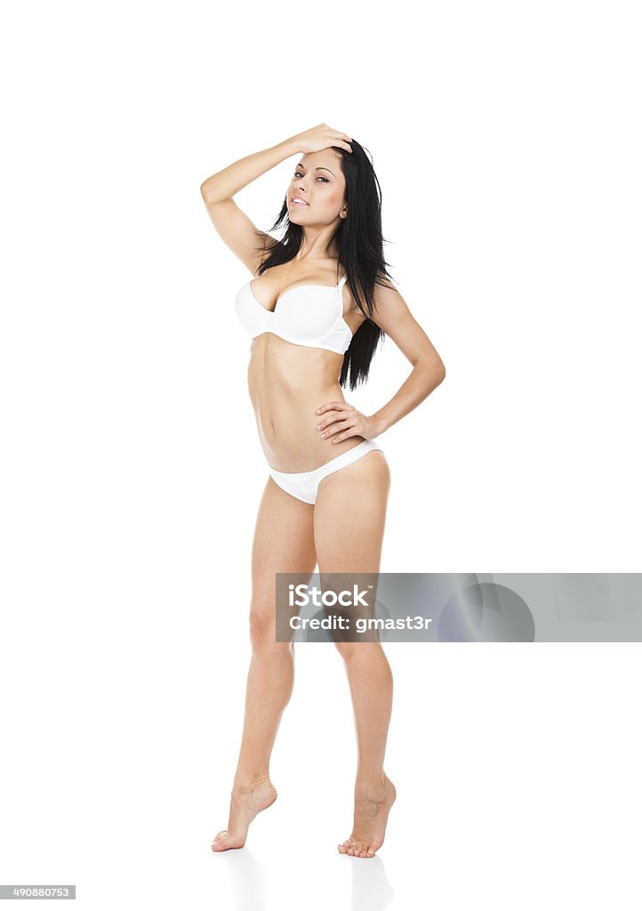 woman panties full length perfect body figure Beautiful woman smile panties full length isolated over white background. concept of perfect body figure nutrition diet, weight loss cellulite Full Length Stock Photo
