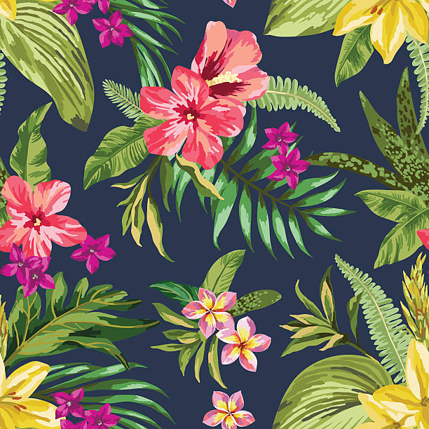 ilustrações, clipart, desenhos animados e ícones de sem costura padrão exóticos. - hawaiian culture hibiscus print pattern