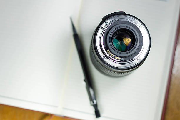 istock Camera photo lens on notebook concept photography 490881190