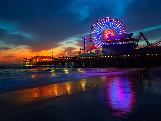 istock Santa Monica California sunset on Pier Ferrys wheel 490881599