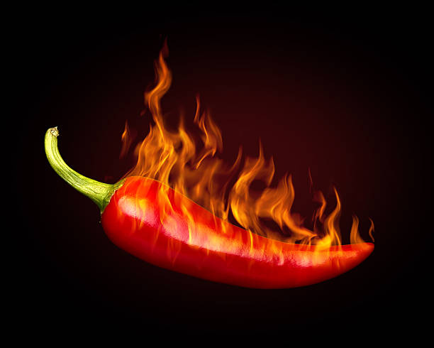 istock Red hot chili pepper on black background with flame 490882285