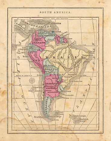 Color stock photo of an antique map of South America, salvaged from an 1867 school geography book.