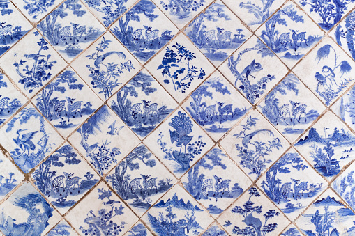 Blue ancient Chinese style floor tiles with animals pattern.
