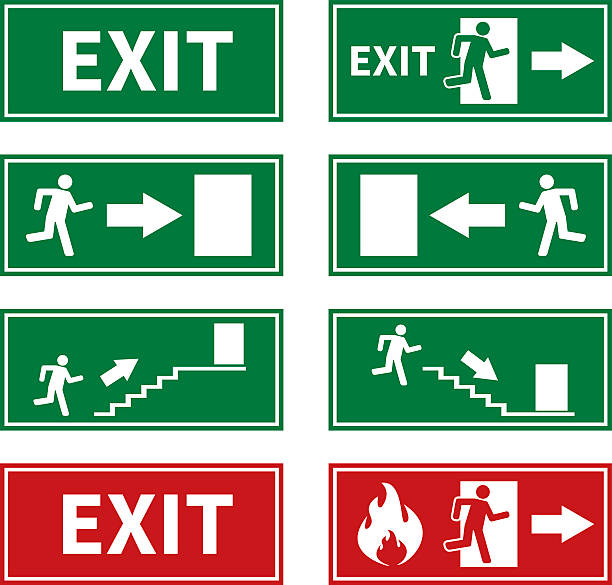 illustrations, cliparts, dessins animés et icônes de panneaux d'indication de sortie d'urgence feu - protective suit