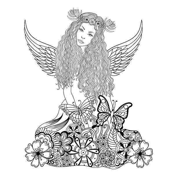 Forest fairy with wings and wreath on the head Forest fairy with wings and wreath on the head, young beautiful forest nymph in flowers for adult anti stress Coloring Page with high details isolated on white background, illustration. Vector monochrome sketch. angel wings drawing stock illustrations