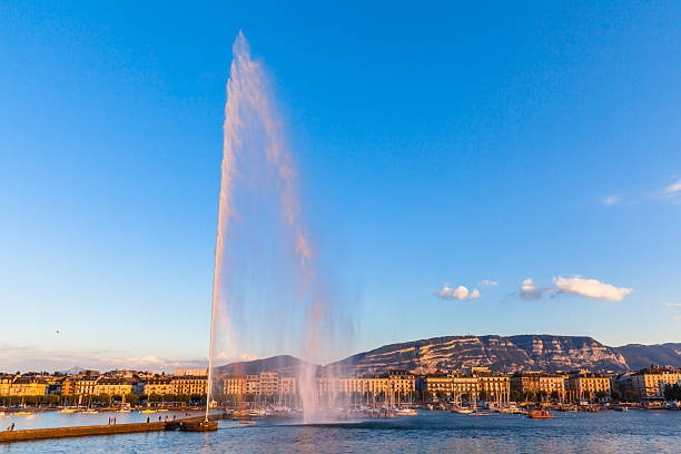 istock Water jet fountain at sunset in Geneva 490908280