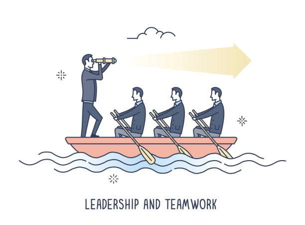 ilustraciones, imágenes clip art, dibujos animados e iconos de stock de liderazgo y el trabajo en equipo - rowboat nautical vessel men cartoon