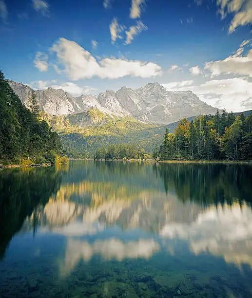 Panoramic view of the mountain Zugspitze and the lake Eibsee near Garmisch-Partenkirchen