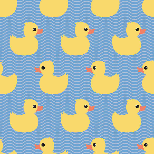 illustrations, cliparts, dessins animés et icônes de joli motif sans couture avec canard en caoutchouc jaune sur fond de vagues - male animal duck water cleaning