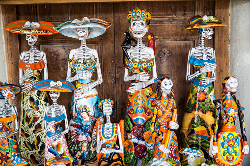 mexican ceramic skeletons representing the day of the dead festival