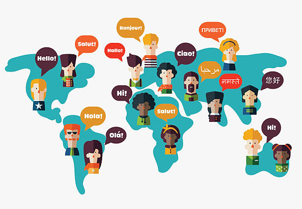 ilustraciones, imágenes clip art, dibujos animados e iconos de stock de personas avatars en mapa mundial. discurso burbujas en diferentes idiomas. - comunicación global ilustraciones