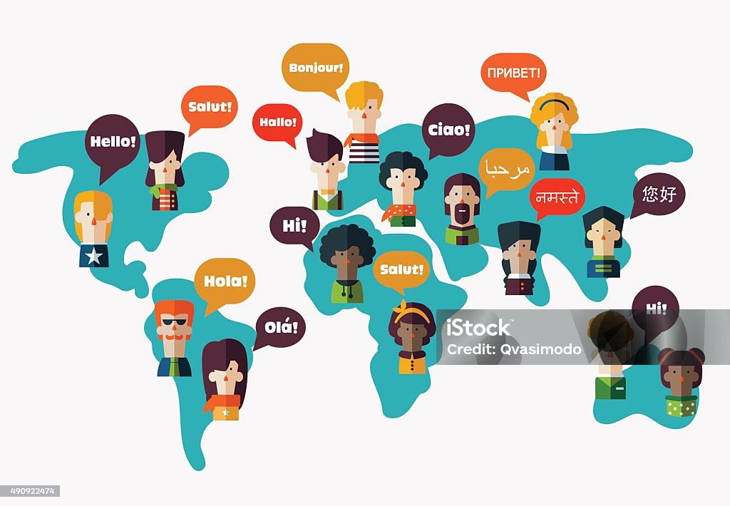 People avatars on World map. Speech bubbles in different languages Set of social people on World map with speech bubbles in different languages. Male and female faces avatars. Communication, chat, assistance, interpretation and people connection vector concept Talking stock vector