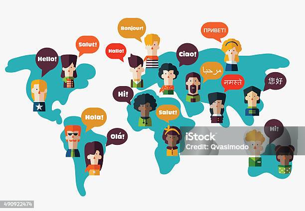 People Avatars On World Map Speech Bubbles In Different Languages Stock Illustration - Download Image Now