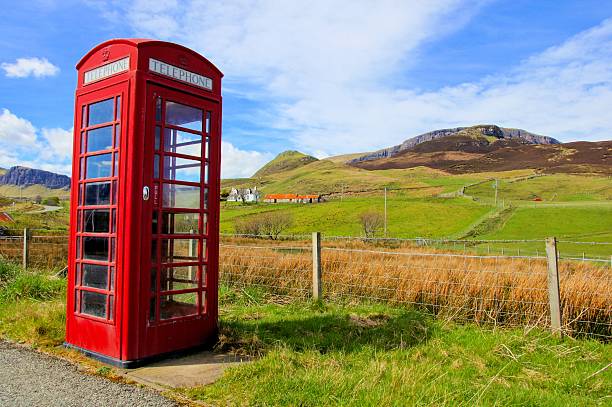 Classic red British phone booth in the countryside of the Isle of Skye, Scotland