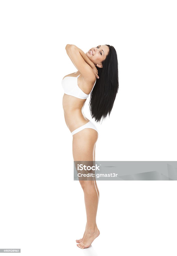 Beautiful woman panties full length body figure Beautiful woman smile panties full length isolated over white background. concept of perfect body figure nutrition diet, weight loss cellulite Beautiful Woman Stock Photo