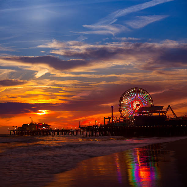 istock Santa Monica California sunset on Pier Ferrys wheel 490929031