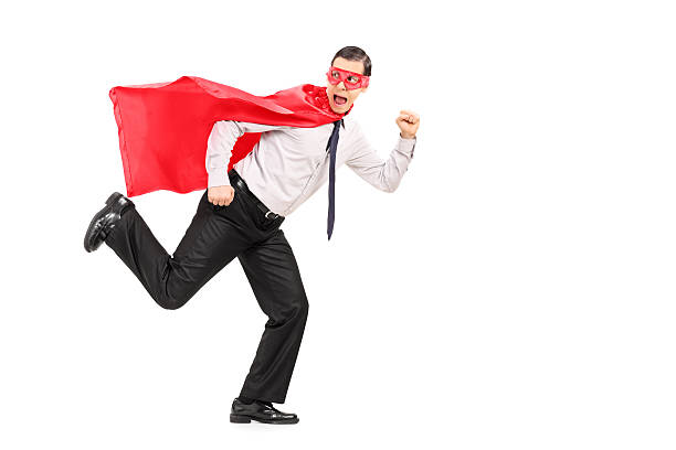 istock Scared man in superhero costume running 490930995