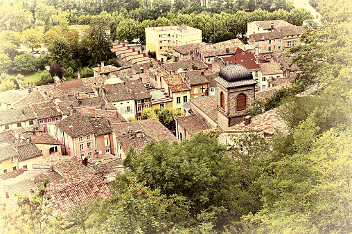 Aerial View on the French City of Crest, Retro Image Filtered Style
