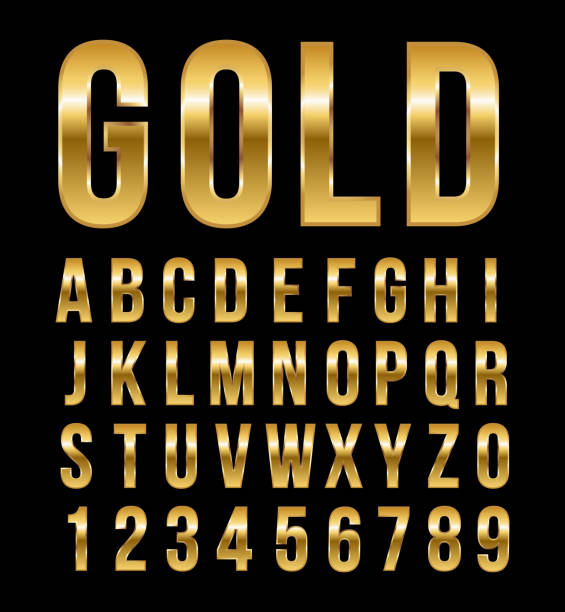 font alfabet angka gold effect vector - emas logam ilustrasi stok