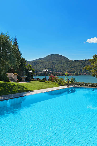 istock beautiful swimming pool overlooking the lake 490943110