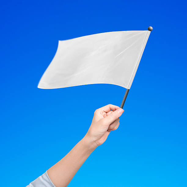 istock Human hand holding blank white flag isolated on blue 490944426