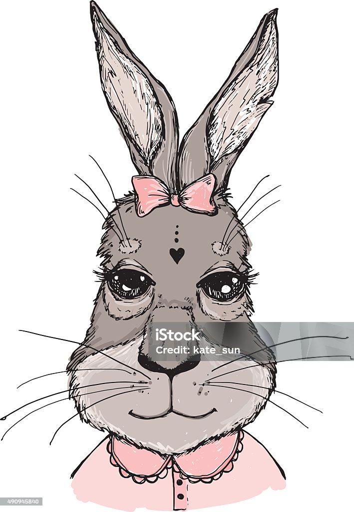 Hand-drawn vector illustration. Bunny girl with bow. Vintage Child stock vector