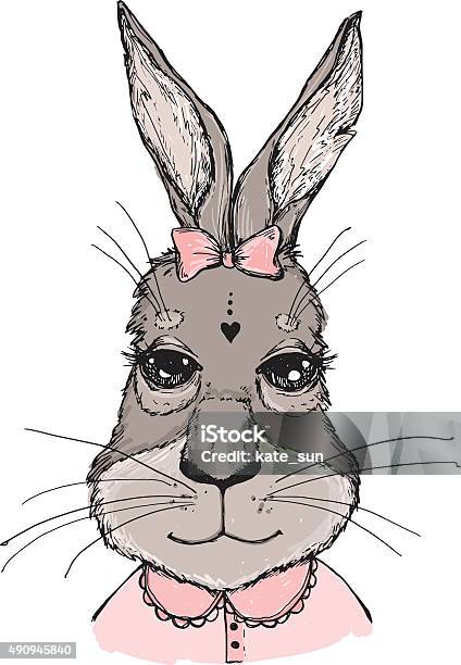Handdrawn Vector Illustration Bunny Girl With Bow Vintage Stock Illustration - Download Image Now
