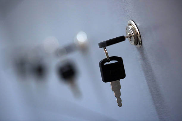 istock Row of locker box - stainless steel panel key lock 490946254