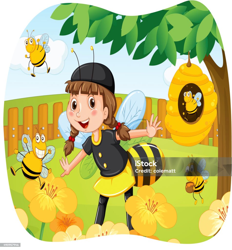 Girl  bee costume playing  park Girl in bee costume playing in the park illustration 2015 stock vector