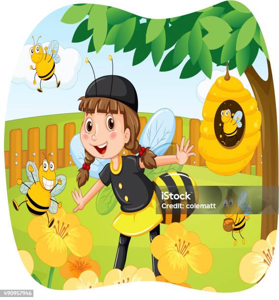 Girl Bee Costume Playing Park Stock Illustration - Download Image Now - 2015, Animal, Backgrounds