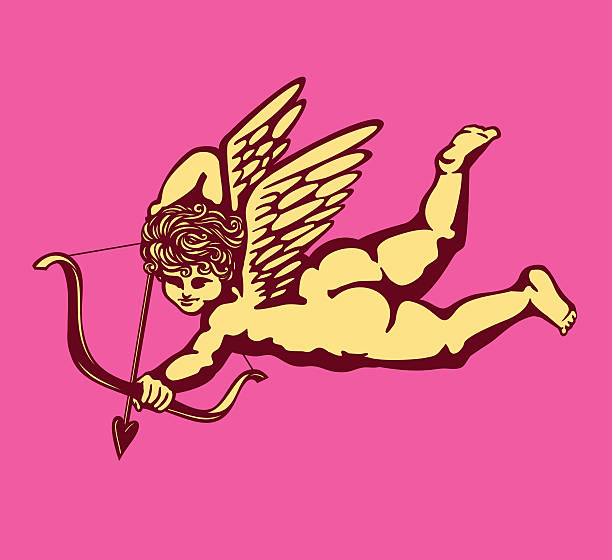 Cupid winged angel bow and arrow vector, Eros god love Cute and simple monochrome winged cupid with bow and arrow, cherub angel vector illustration, Eros god of love, falling in love aiming at someone's heart cherub stock illustrations
