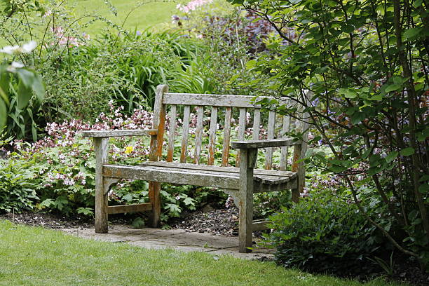 istock Small wooden banch with flowers around 490958882