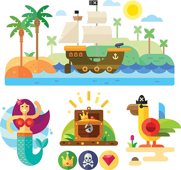 ilustraciones, imágenes clip art, dibujos animados e iconos de stock de pirata conjunto de ilustraciones vectoriales temáticas. - mala de la sirenita